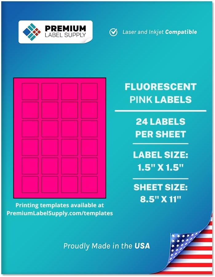 Premium Label Supply Bright Neon Color Fluorescent Sticker Labels - 1.5" x 1.5" Square Labels - (Fluorescent Pink, 24,000 Labels)
