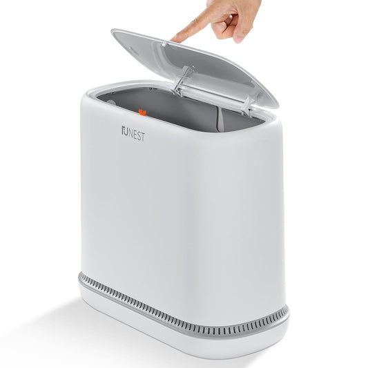 funest Bathroom Trash Can, 3.3 Gallon Slim Trash Can with Lid, Adsorption Garbage Can with Press-Top Lid, Small White Narrow Plastic Trash Bin for Bathroom, Office, Bedroom, Living Room