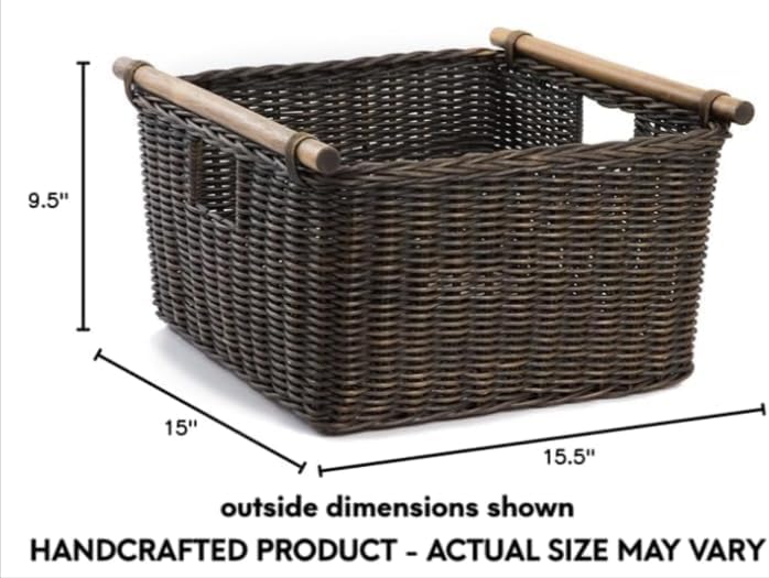 The Basket Lady Deep Pole Handle Wicker Storage Basket, Large, 15 in L x 15.5 in W x 9.5 in H, Antique Walnut Brown