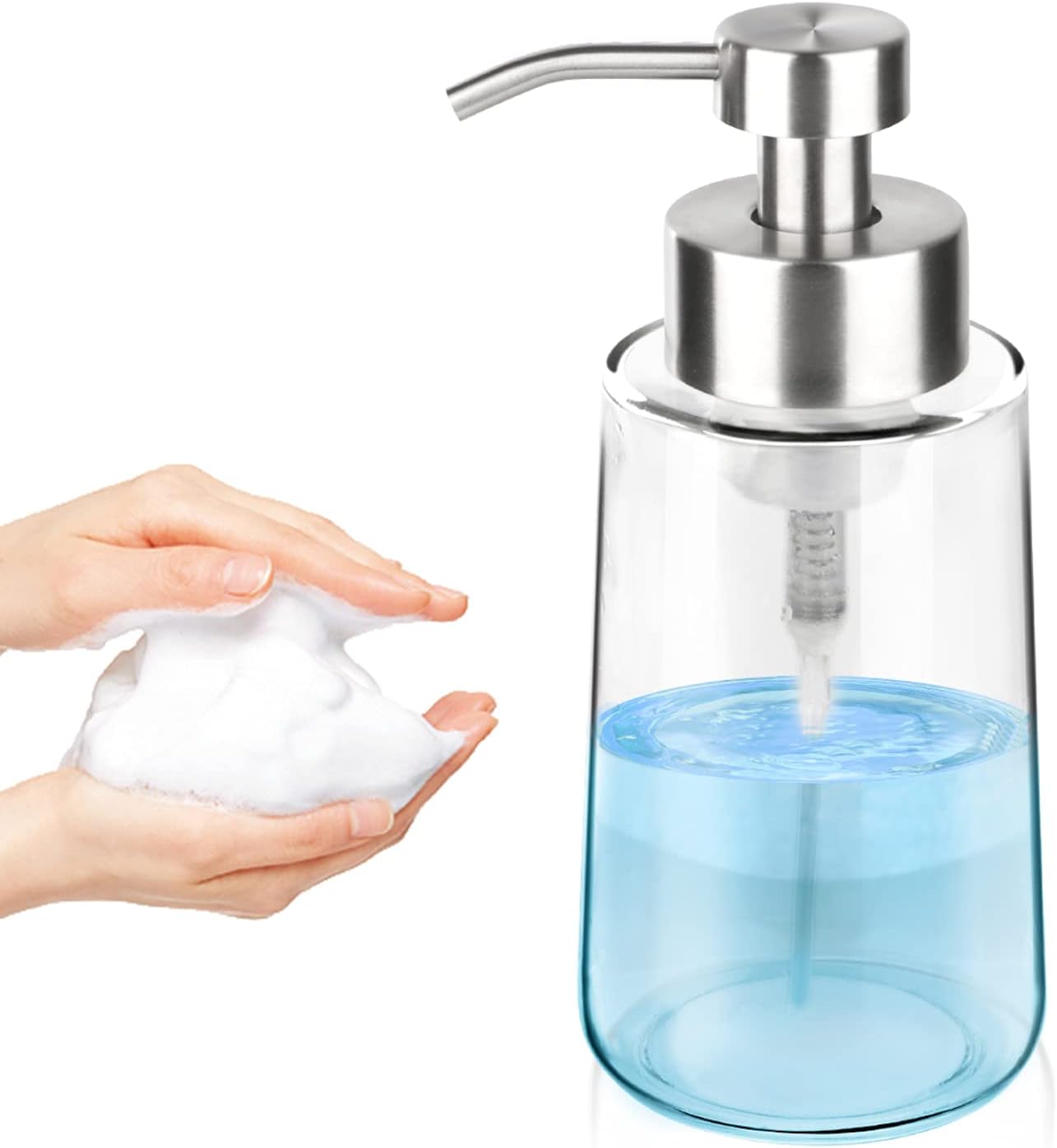 Thick Glass Soap Dispenser with Rust Proof Stainless Steel Pump, Clear Foam Soap Dispenser with Wide Opening for Kitchen and Bathroom（15 Oz）