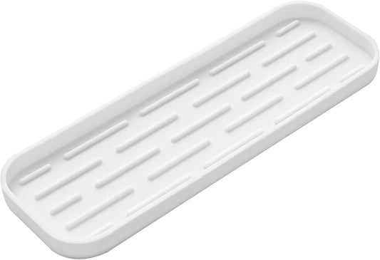 Silicone Kitchen Sink Organizer Tray for Multiple Usage,Eco-Friendly Sponges Holder for Kitchen Bathroom Counter or Sink,Dish Soap Dispenser,Scrubber,Bottle,Cup (White, 12"×4")