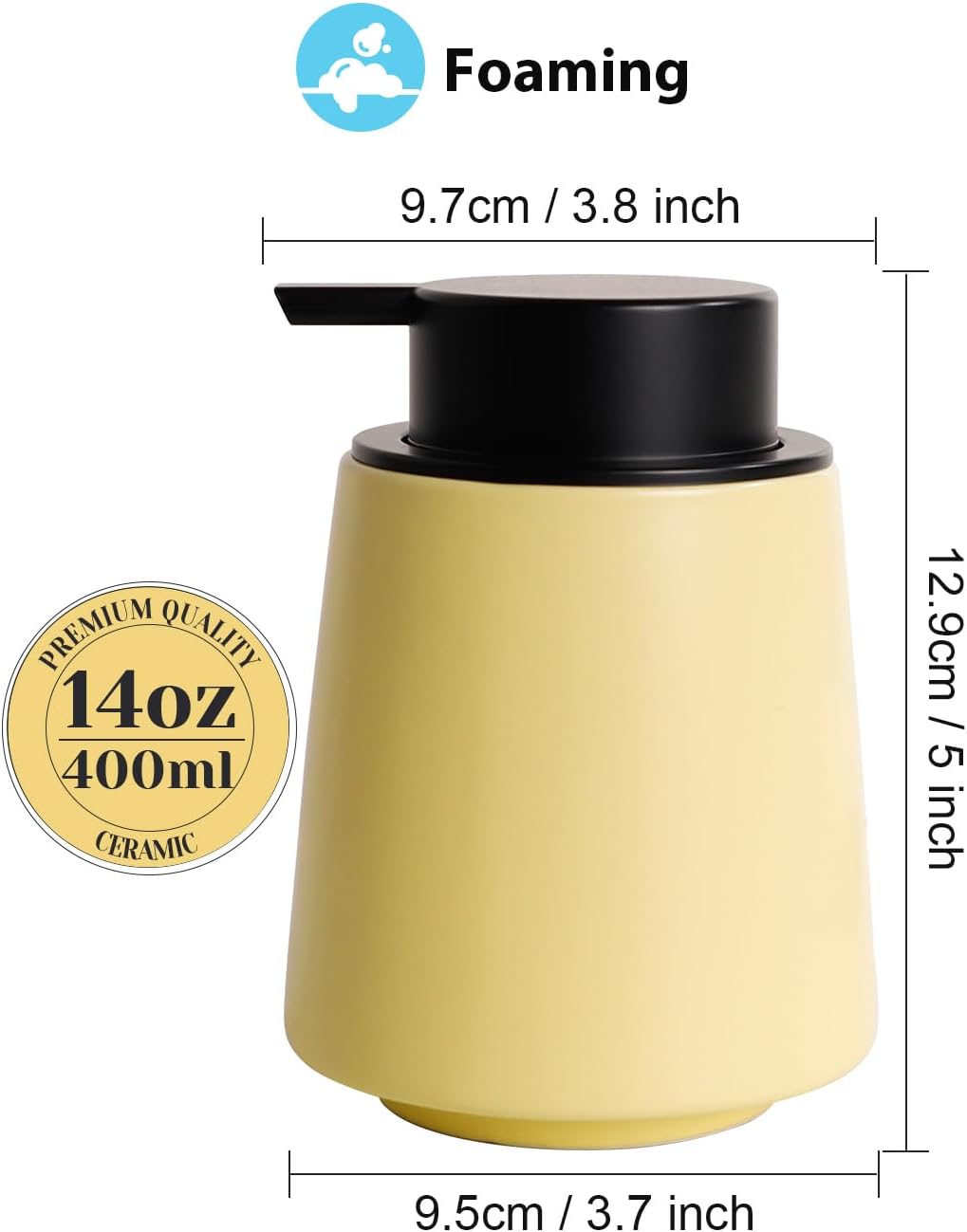 INGOFIN Ceramic Foaming Soap Dispenser -14 oz Foam Hand Soap Dispenser Bathroom, Modern Refillable Dish Wash Bottle for Kitchen with Large Pump, Matte Yellow