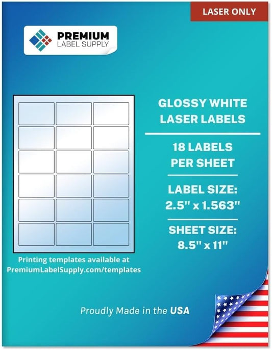 Premium Label Supply Glossy White Sticker Labels – 2.5" x 1.563" – (18 per Sheet) (Glossy White for Laser Only, 9,000 Labels)