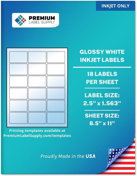 Premium Label Supply Glossy White Sticker Labels – 2.5" x 1.563" – (18 per Sheet) (Glossy White for Inkjet Only, 1,800 Labels)