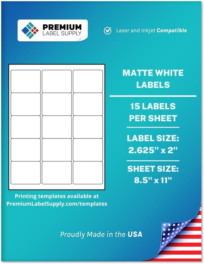 Premium Label Supply White Sticker Labels – 2.625" x 2" – Laser/Inkjet Compatible – (15 per Sheet), 500 Sheets – 7,500 Total Adhesive Labels