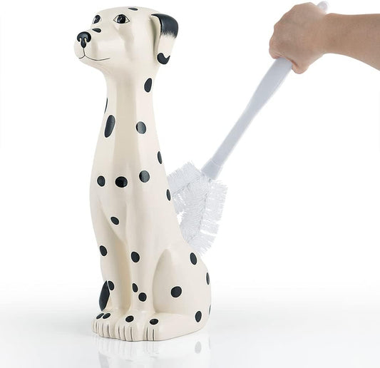 Allure Home Creation Dalmatian Dog White & Black 2-Piece Ceramic Toilet Brush Holder w/White Plastic Handled Scrub Brush, 9.4” x 5.3” x 16.7”