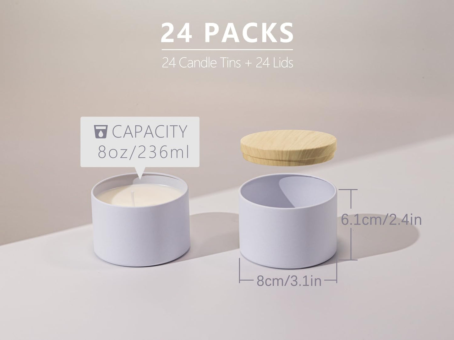 Aroparc Candle Tins 8oz with Lids, 24 Pack Seamless Candle Containers for Candle Making Supplies Empty Candle Jars - Wood Grain Lids White Tins