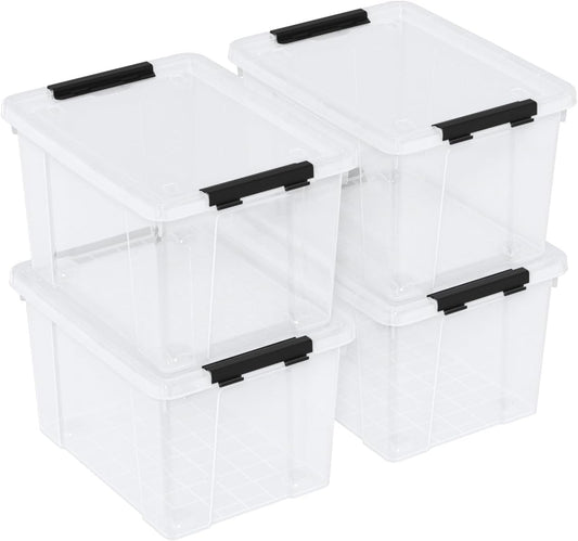 23 L Clear Plastic Storage Box with Lid, Stackable Lidded Storage Bin Container with Wheels and Secure Latching Buckles, 4 Packs