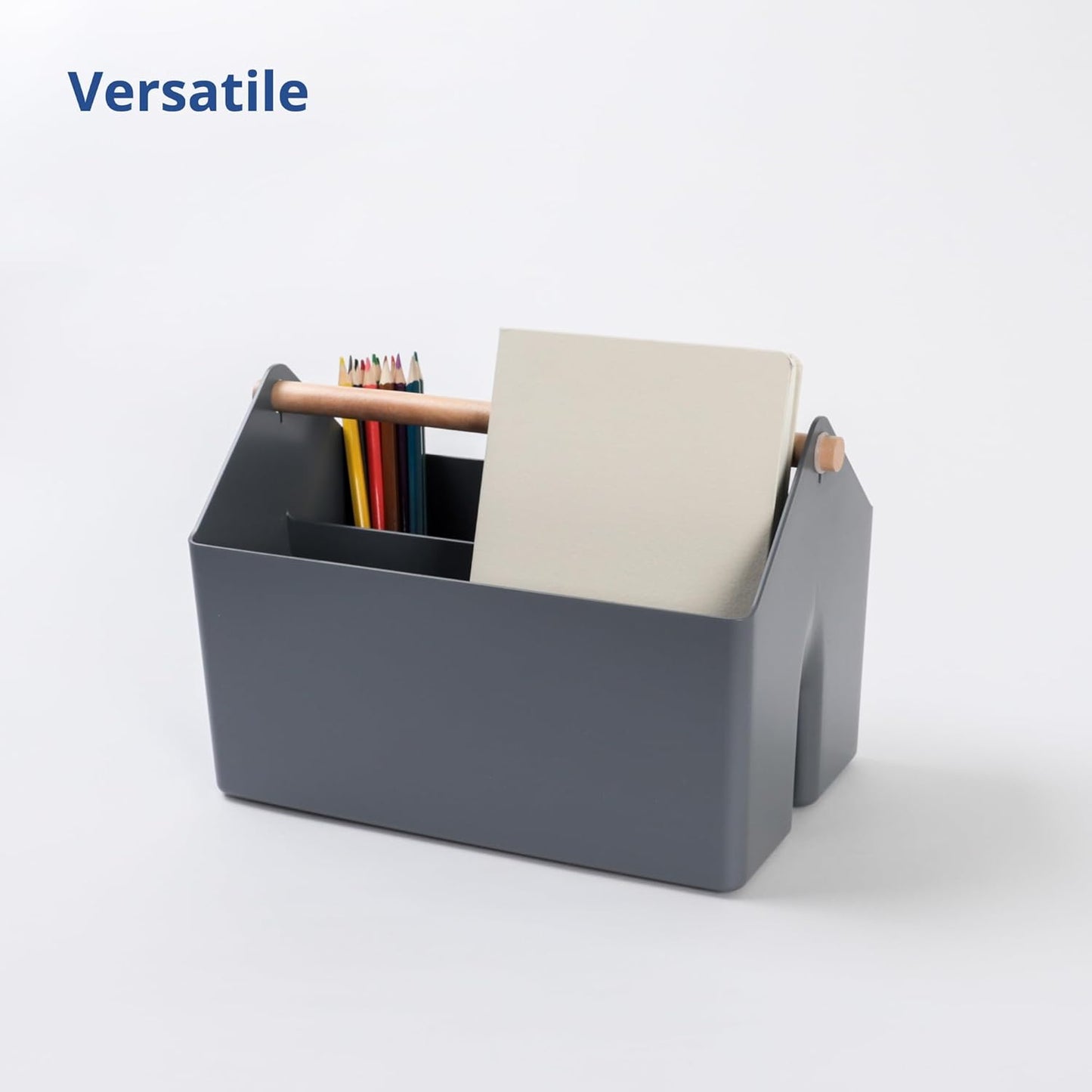 BLUE GINKGO Medium Storage Basket – Plastic Caddy with Wooden Handle for Office, Arts & Crafts, or Home Supplies (Gray)