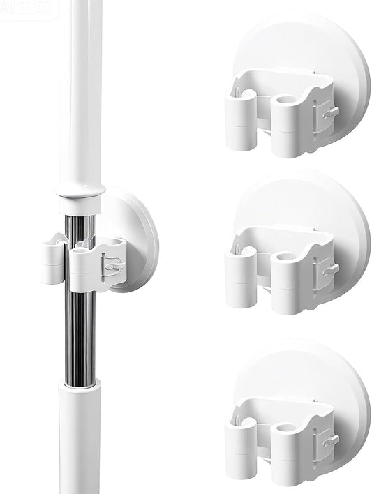 Mop Holder 3 Pack - Wall Mount Broom and Mop Grippers, No Drilling Self Adhesive Hooks, ABS Heavy Duty Storage Organizer for Kitchen, Garage, Bathroom