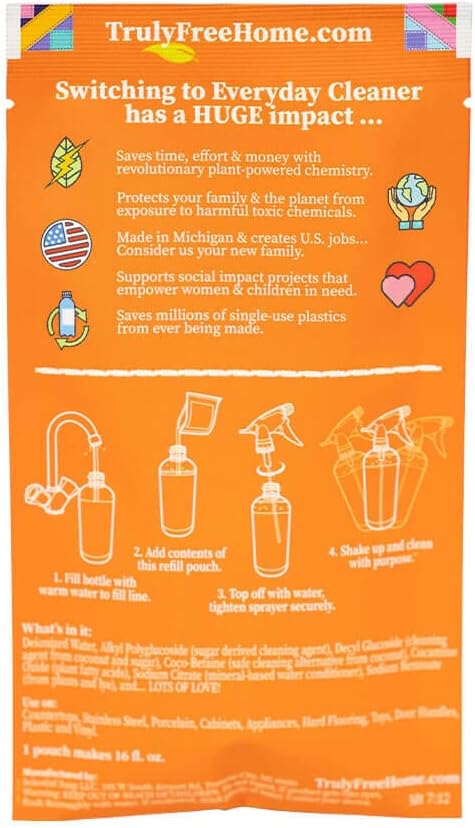 Truly Free Everyday Cleaner - Multipurpose Cleaner Spray, Kitchen Counter Cleaner, Natural Cleaning Products, Multi-Surface Household Solution, 1 Empty Bottle Spray (16oz) & 2 Refills (3oz each)