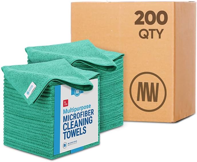 Bulk 16" x 16" All Purpose Microfiber Towels Wholesale - Case Quantity (200 Count) | Large | No Fraying | High Density Microfiber | Zero Chemical Cleaner | Long-Lasting (Green)