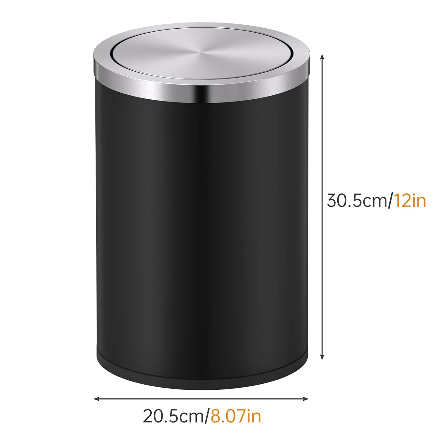 Mbillion Small Trash Can with Swing Lid 2.4 Gallons/9 Liter, Mini Trash Can with lid, Stainless Steel Cylindrical Garbage Can for Home and Office Bathroom Bedroom, for Ground and Desktop(Black)