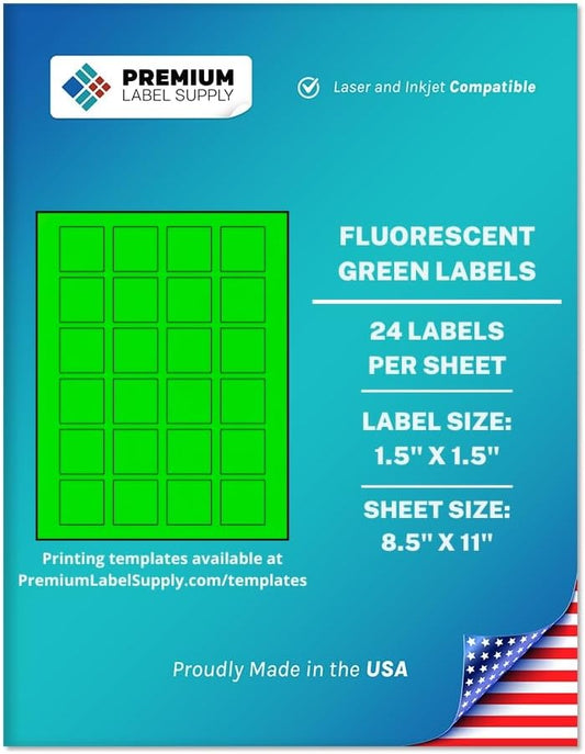 Premium Label Supply Bright Neon Color Fluorescent Sticker Labels - 1.5" x 1.5" Square Labels - (Fluorescent Green, 12,000 Labels)