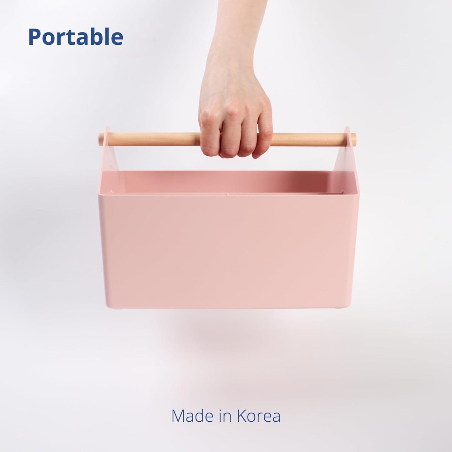 BLUE GINKGO Medium Storage Basket – Plastic Caddy with Wooden Handle for Office, Arts & Crafts, or Home Supplies (Pink)