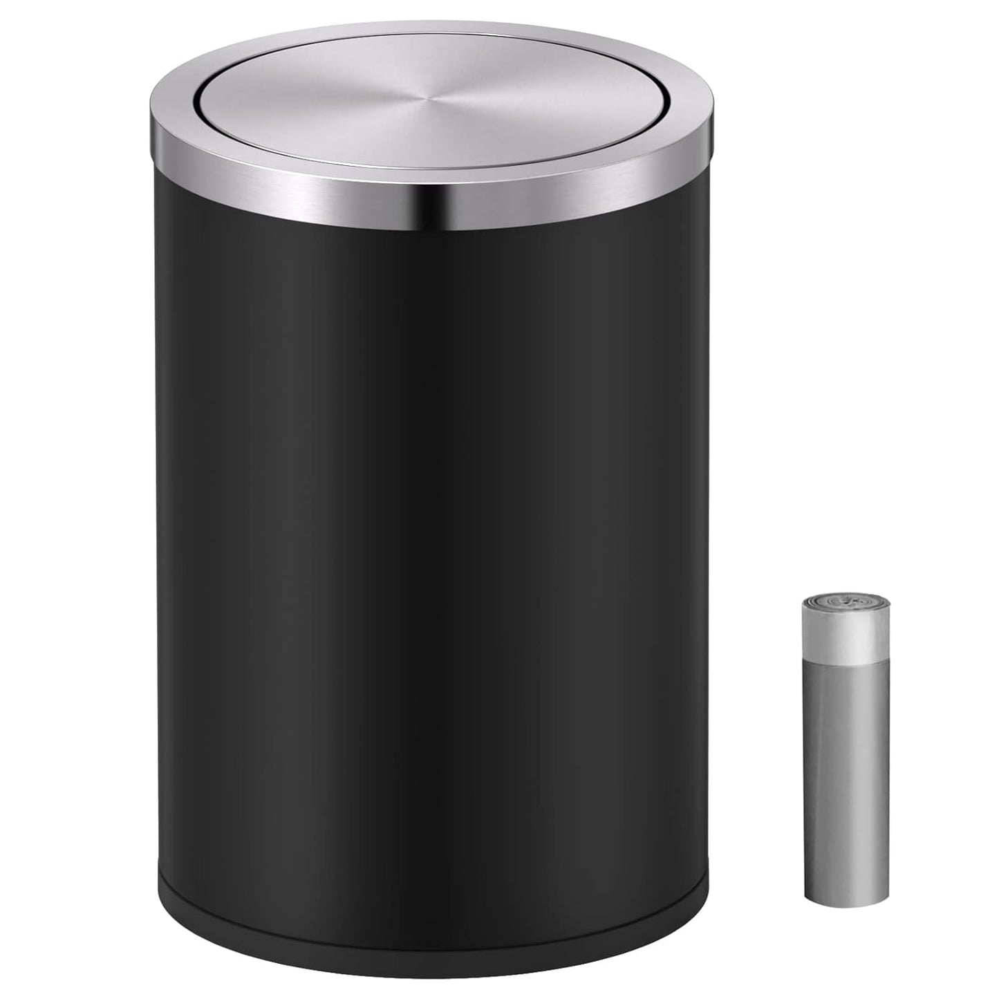 Mbillion Small Trash Can with Swing Lid 4 Gallons/15 Liter, Mini Trash Can with lid, Stainless Steel Cylindrical Garbage Can for Home and Office, for Ground and Desktop(Black)