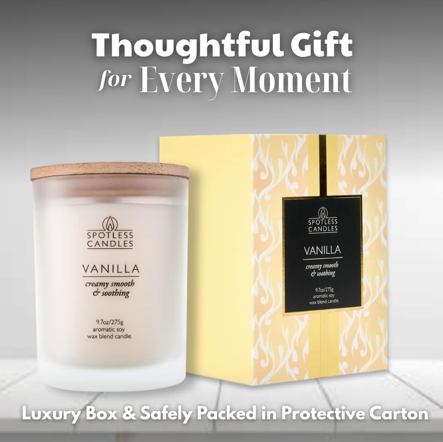 Vanilla Candle - 9.7 oz /275g Vanilla Scented Candle in Cream Frosted Glass Jar with Wooden Lid and Wooden Crackling Wick in a Luxurious Gift Box - Creamy, Smooth and Soothing