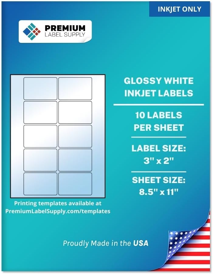 Premium Label Supply Glossy White Sticker Labels – 3" x 2" – (10 per Sheet) (Glossy White for Inkjet Only, 1,000 Labels)