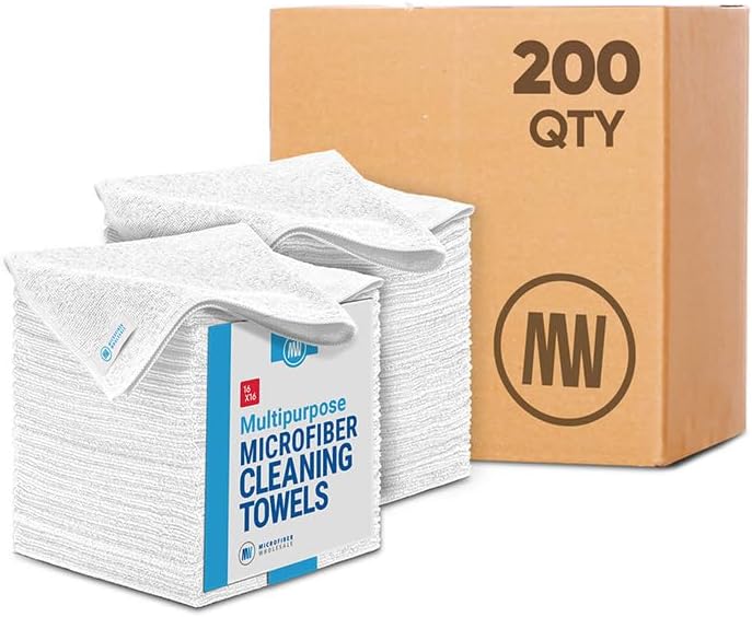 Microfiber Wholesale Bulk 16" x 16" All Purpose Towels Case Quantity (200 Count) | Large | No Fraying | High Density Microfiber | Zero Chemical Cleaner | Long-Lasting (White)