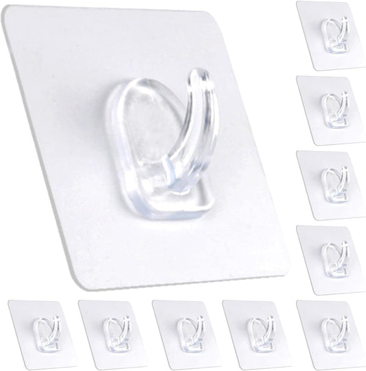 Adhesive Hooks, Heavy Duty Utility Hooks 20 lb(Max) Waterproof and Oilproof Removable, Clear Seamless Hooks Reusable Wall Hook for Kitchen Bathroom Bedroom Office - 10 Pack