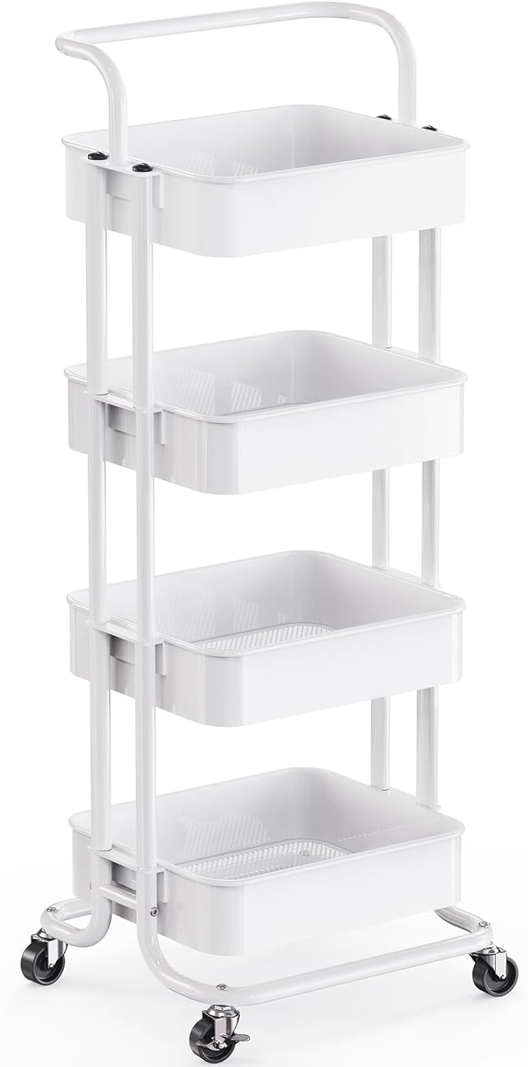Pipishell 4 Tier Mesh Utility Cart, Rolling Metal Organization Cart with Handle and Lockable Wheels, Multifunctional Storage Shelves for Kitchen Living Room Office White, PIUC12W