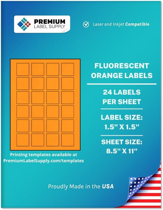 Premium Label Supply Bright Neon Color Fluorescent Sticker Labels - 1.5" x 1.5" Square Labels - (Fluorescent Orange, 600 Labels)