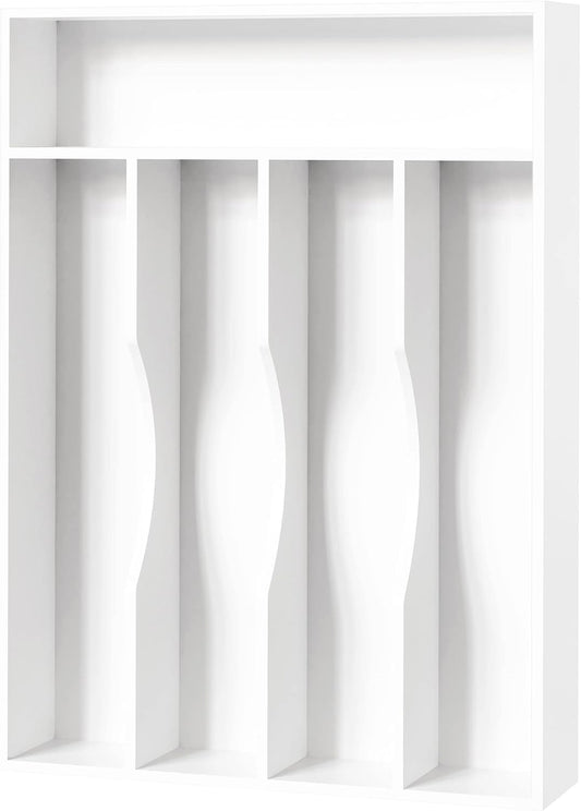 Bellsal White Utensil Organizer 10 Inch Silverware Tray for Drawer - 5 Compartment Small Narrow Bamboo
