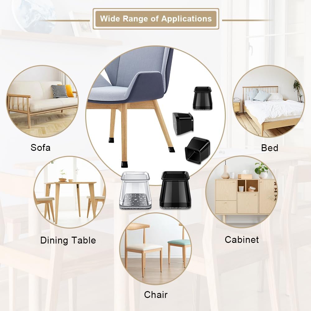 32 Pcs Square Chair Leg Protectors for Hardwood Floors,Felt Furniture Floor Protectors with Silicone Caps, Large Size (Fits Chair Legs with Side Length: 1-1/16'' to 1-5/8''")