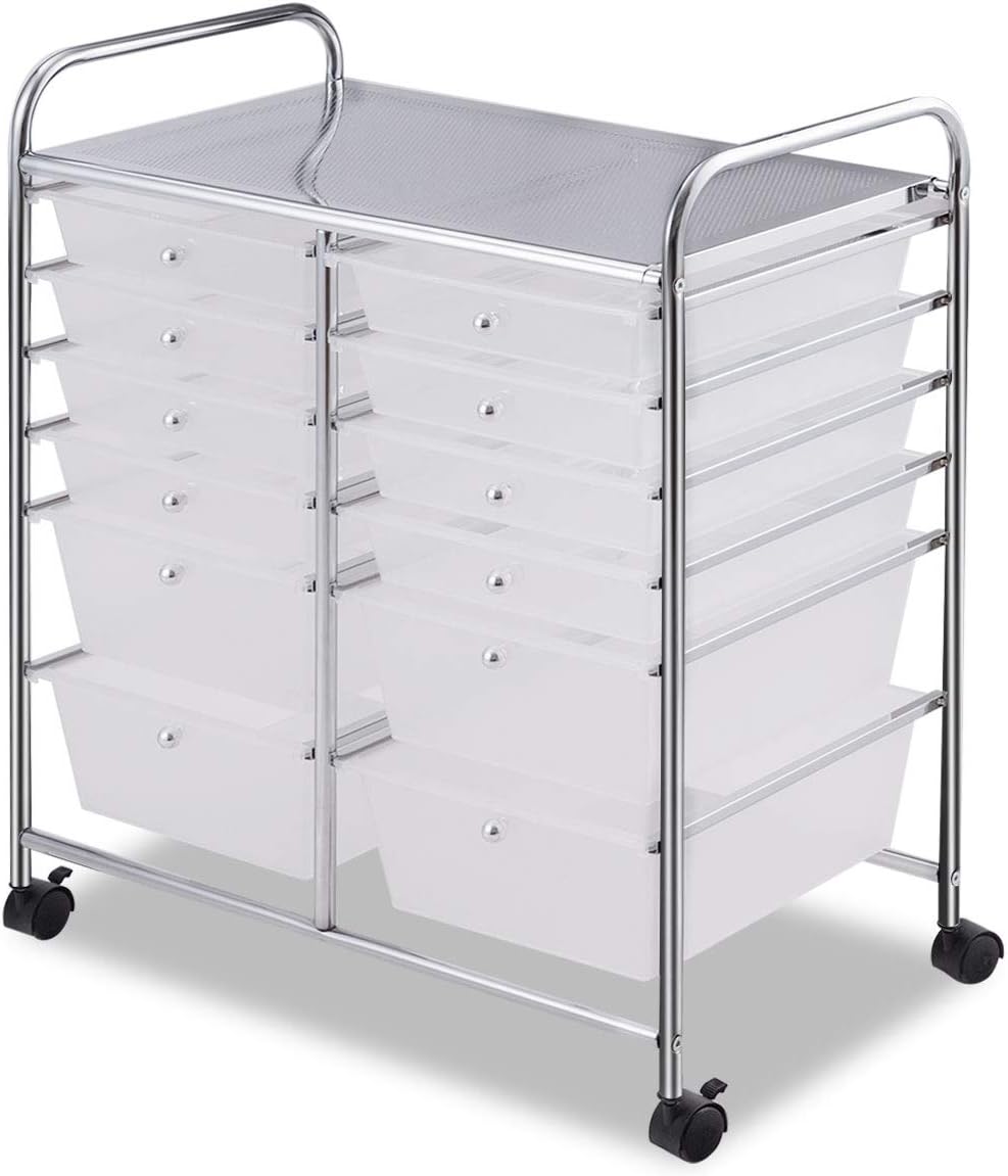 GOFLAME 12-Drawer Rolling Storage Cart, Multipurpose Organizer Cart with 2 Sizes Plastic Drawers, Mobile Utility Cart with Lockable Casters for School, Home Office, Beauty Salon, Clear
