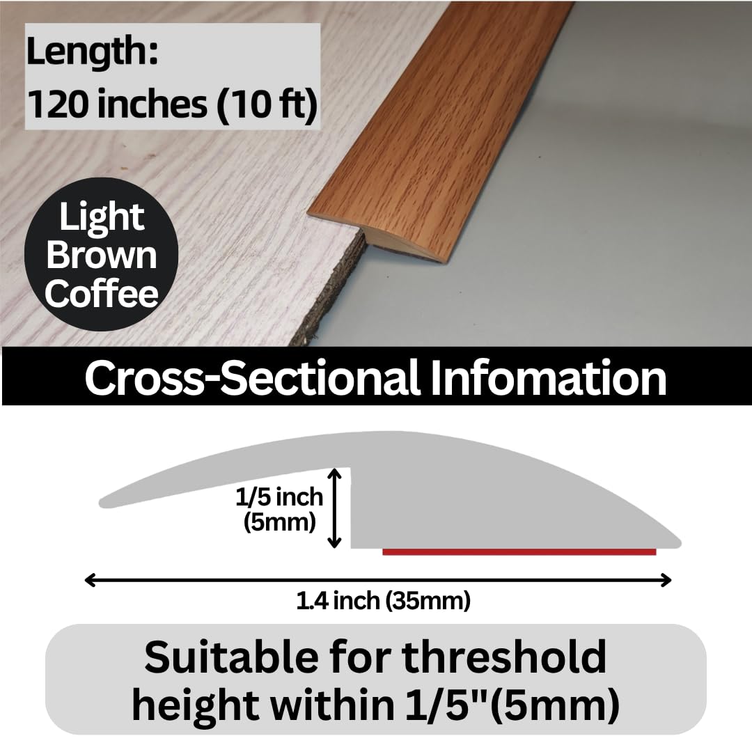 1/5 inch Height Floor Transition Strip, Self Adhesive Carpet Wood Tile Vinyl Flooring Laminate Transition Cover Edge Trim Gap Doorway Threshold for Uneven Floors (120 inches, Light Brown Coffee)