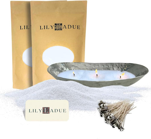 LILY LADUE Candle Refill Kit - 2Lb/32Oz Pearled Candles Sand and Wicks (48) and Hammered Silver Holder, Reusable Unique Sand Candles with Wicks for Candle Making, Bulk Unscented Pearl Wax Beads