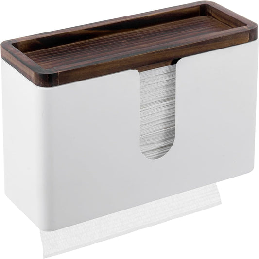 MyGift Deluxe Modern Matte White Metal Folded Commercial Paper Towel Holder with Rustic Burnt Solid Wood Tray Lid, Wall Mounted Trifold Multifold Z Fold Disposable Napkin Dispenser