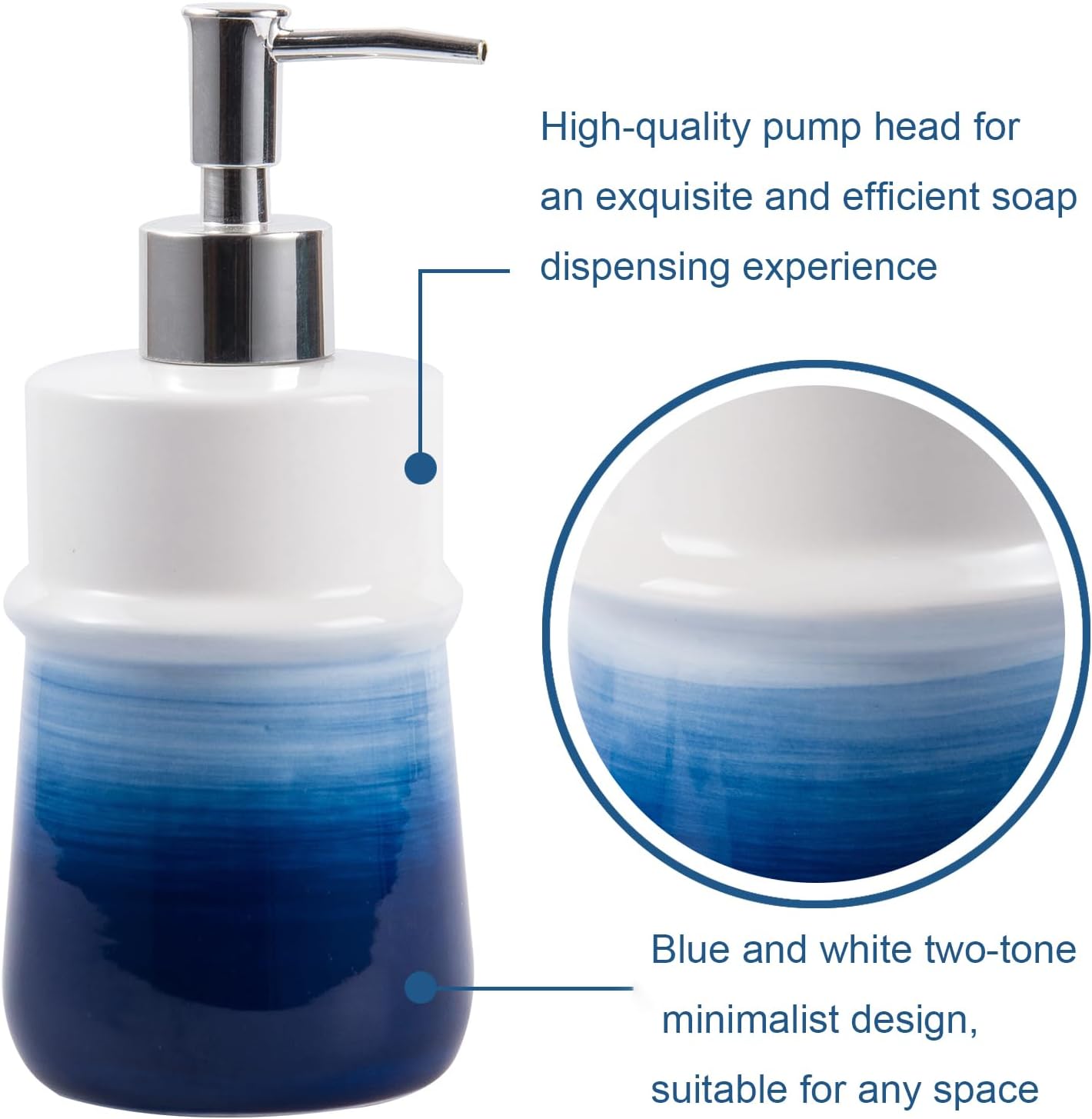 Navy Blue Ceramic Soap Dispenser for Kitchen, Refillable Hand Dispenser with Rust Proof Stainless Steel Pump, 12Oz Lotion Dispenser Bathroom for Dish Soap, Hand soap.