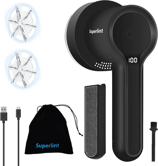 SUPER LINT Electric Fabric Shaver Electrostatic Brush, LED Display, 3-Speeds, Rechargeable Sweater Shavers to Remove Pilling for Clothing, Couch, Furniture, Black