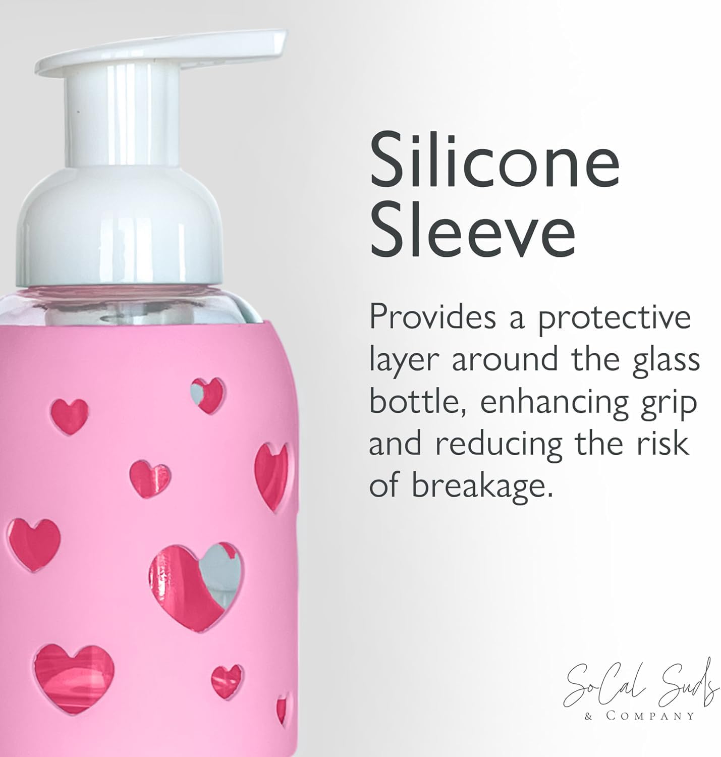 SoCal Suds & Company Glass Foaming Hand Soap Dispenser, Heart Silicone Sleeve, Refillable Pump Bottle for Kids, Baby Wash & Shampoo, Ideal for Home Use, Bright Pink 8oz