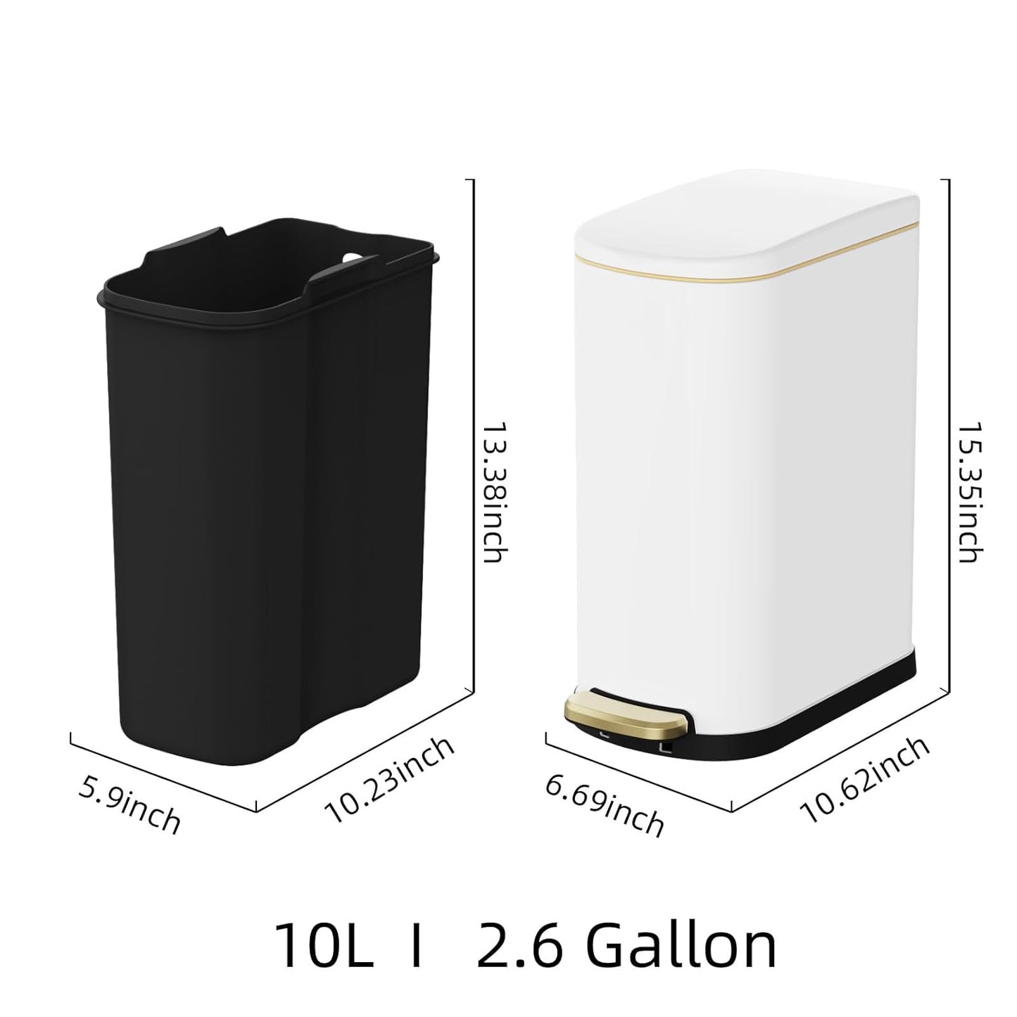 2.6 Gallon Slim Bathroom Trash Can with Soft Close Lid, 10L Stainless Steel Garbage Can with Removable Liner Bucket, for Narrow Spaces, Bathroom, Bedroom (White)