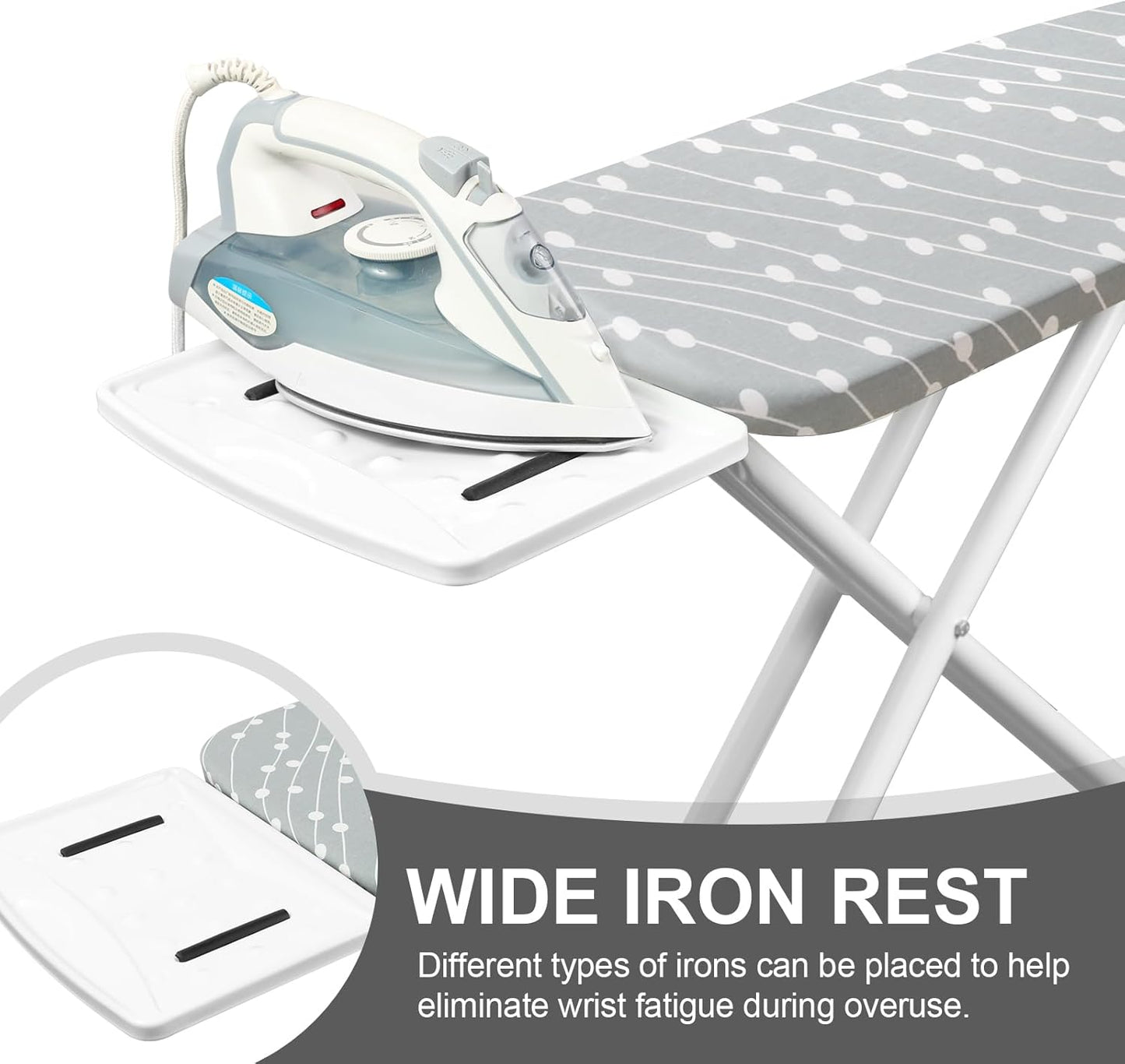 Ironing Board,Foldable Ironing Board Adjustable Height Compact Iron Board Thick Steel Tube Iron Board with Holder,Replacing Cloth Cover and Mini Handheld Gloves(Blue Dots)