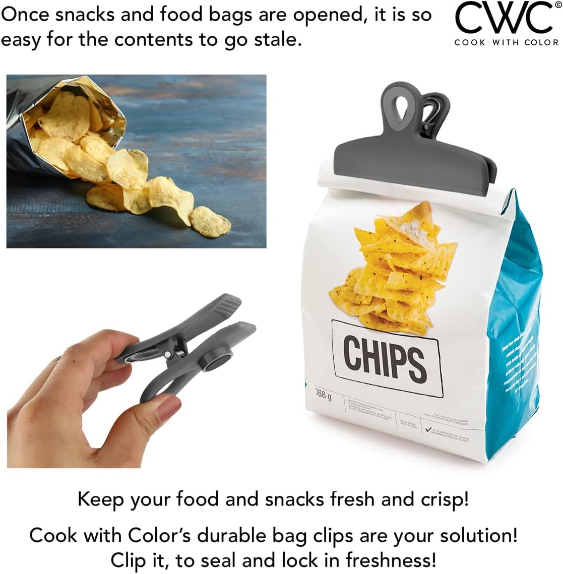 COOK WITH COLOR Bag Clips - Heavy Duty Chip Clip and Refrigerator Magnet Clips for Food Storage with Air Tight Seal Grip, Grey, Pack of 8