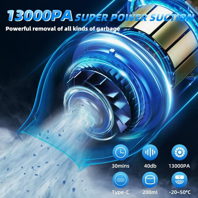 PATO Handheld Vacuum, 13000PA Portable Cordless Car Vacuum Cleaner, Suction and Blow 2-in-1 Dust Removal Vacuum Cleaner for Car, Home, Office, Pet. Black