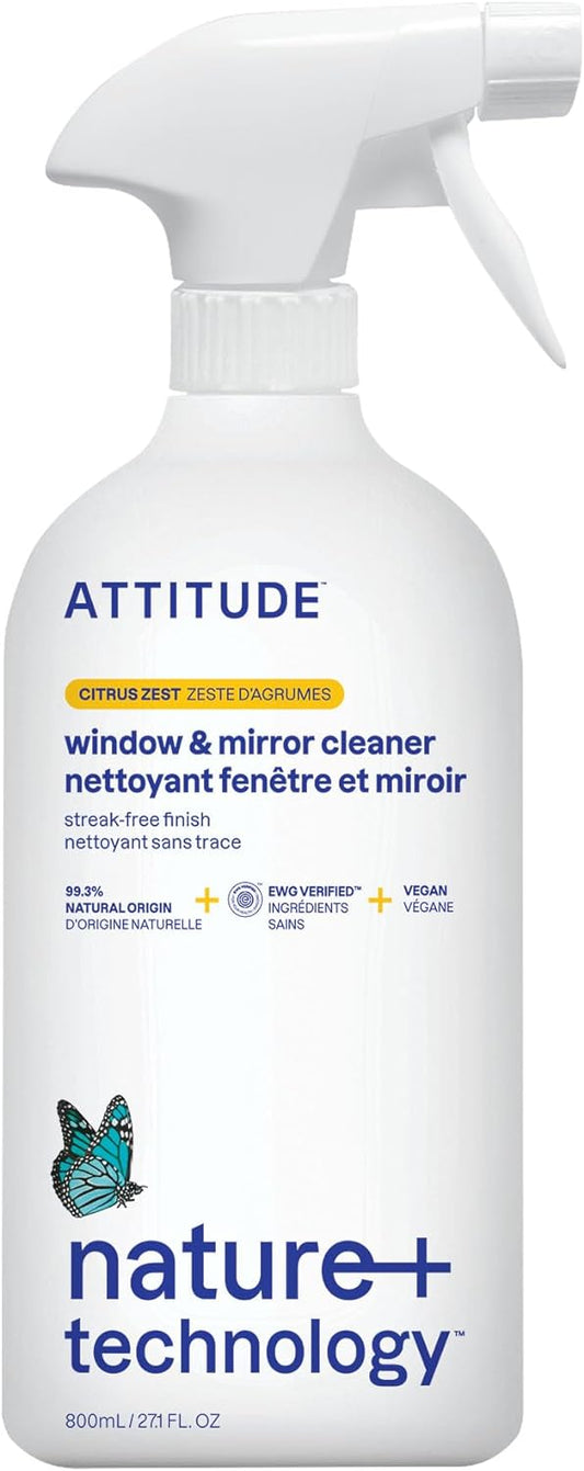 ATTITUDE Window & Mirror Cleaner, EWG Verified, Plant- & Mineral-Based, Vegan & Streak-Free Glass Spray, Citrus Zest Scent, 27.1 Fl Oz