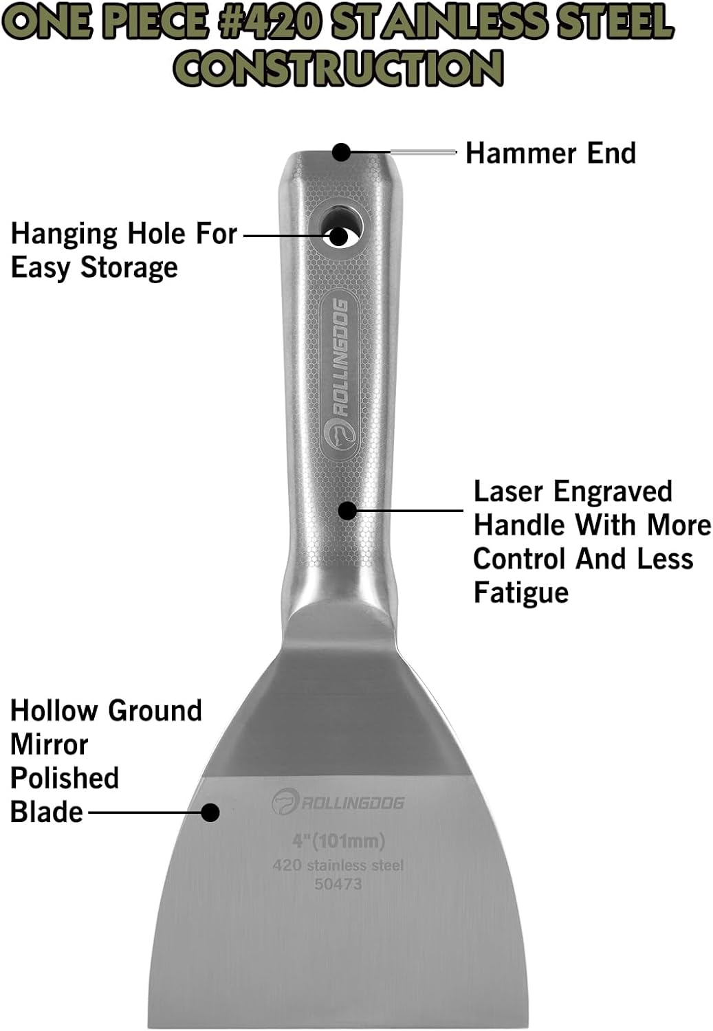 ROLLINGDOG 4 inch Putty Knife - Paint Scraper Drywall Knife with 420 Stainless Steel One Piece irror Polished Blade for Scraping Paint, Taping