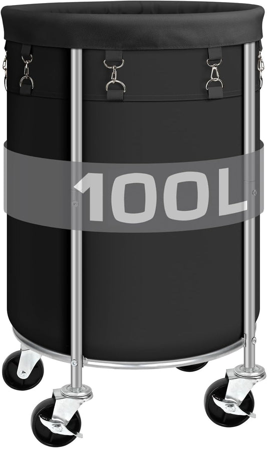 Laundry Hamper with Wheels, 100L Round Rolling Laundry Basket Sorter with Removable Bag, Clothes Cart Organizer with Steel Frame for Bedroom, Bathroom, Laundry Room, Black