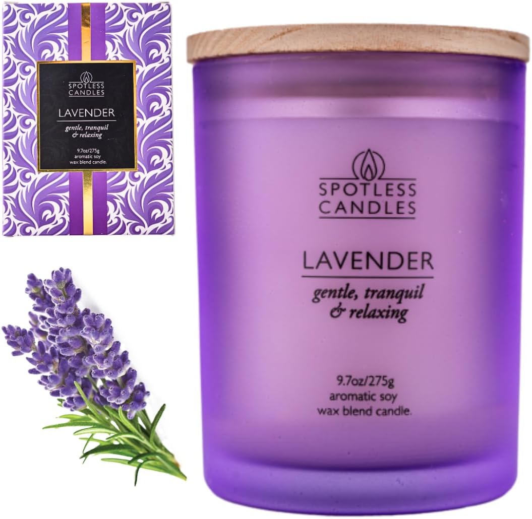Lavender Candle - 9.7 oz /275g Lavender Scented Candle in Purple Glass Jar with Wooden Lid and Wooden Crackling Wick in a Luxurious Gift Box - Gentle, Tranquil and Relaxing