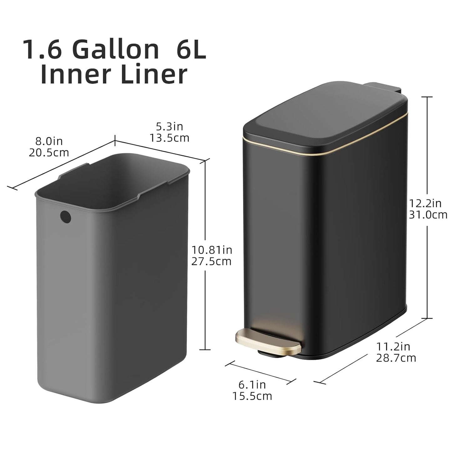 KUK Slim Bathroom Trash Can with Lid, 1.6 Gal / 6L Stainless Steel Small Garbage Bin with Detachable Inner Bucket, Step Pedal, Silent Close, Wastebasket for Toilet, Bedroom, Home, Office (Black)