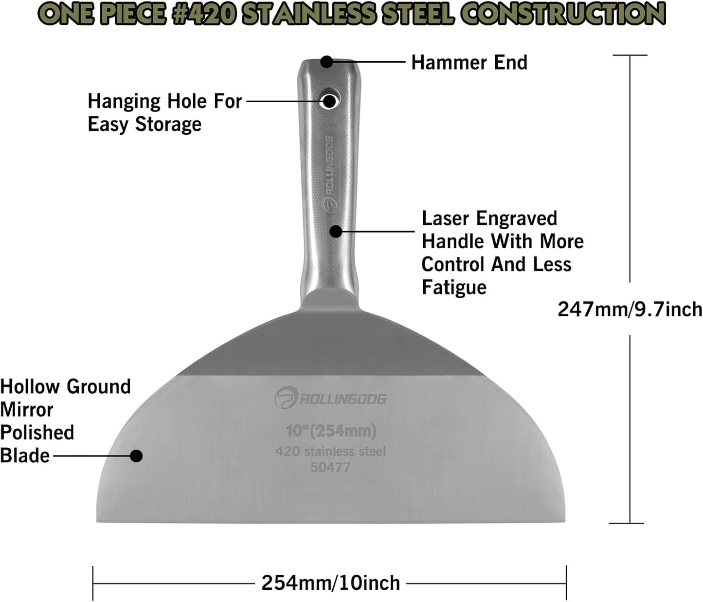 ROLLINGDOG 10 inch Putty Knife - 420 Stainless Steel One Piece Drywall Joint Knife Mirror Polished Blade for Drywall, Painting