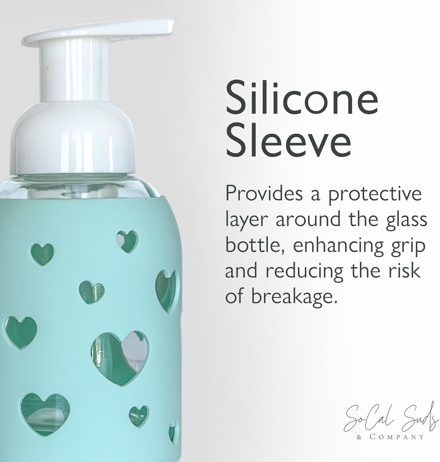 SoCal Suds & Company Glass Foaming Hand Soap Dispenser, Heart Silicone Sleeve, Refillable Pump Bottle for Kids, Baby Wash & Shampoo, Ideal for Home Use, Sea Glass 8oz