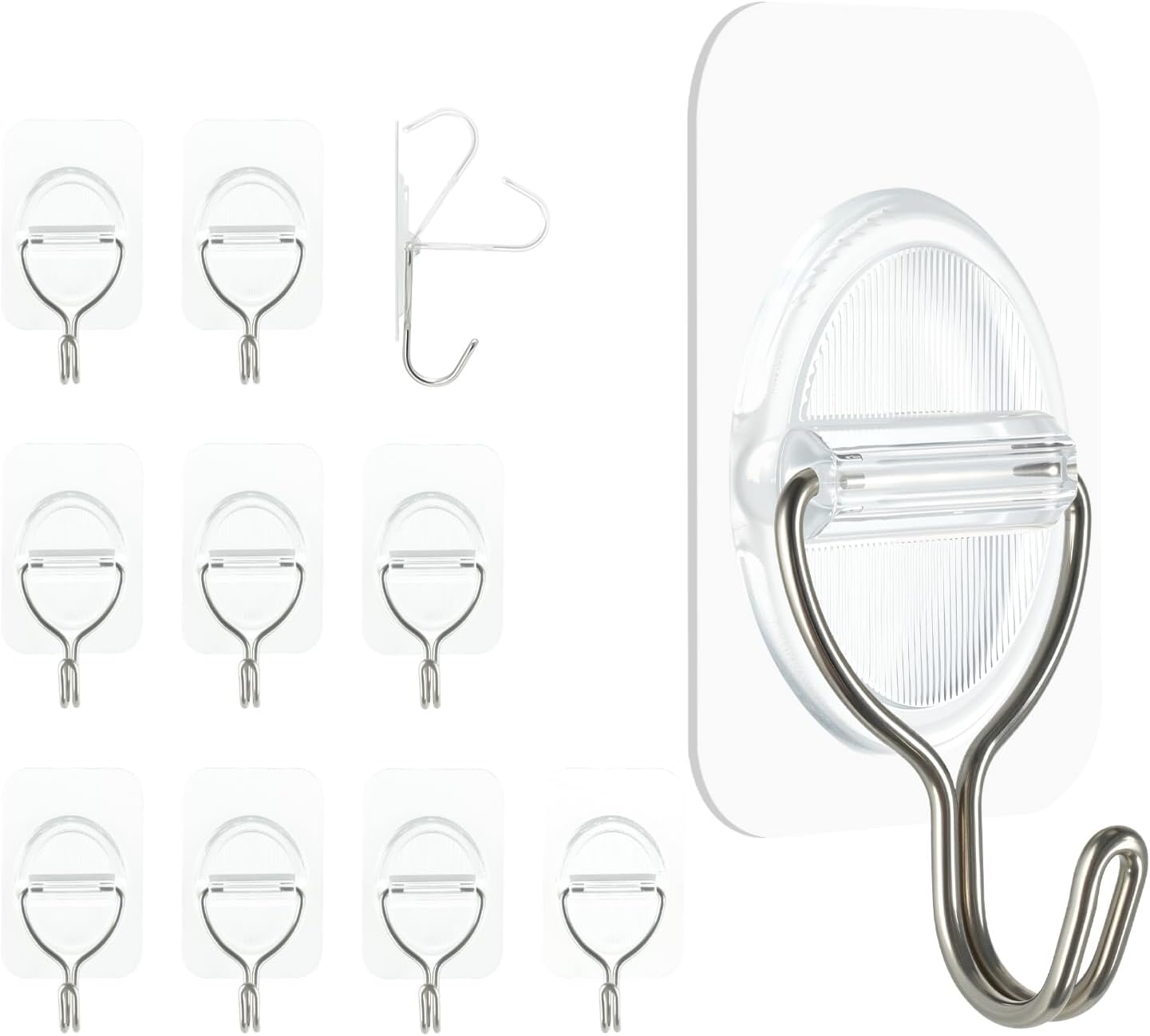 Adhesive Wall Hooks No Damage, Stick On Hooks for Hanging 10 Pack - Transparent Stainless Steel 5KG Heavy Duty, Waterproof Removable (3.5x5.3cm) Kitchen Bathroom Office, Ganchos para Pared