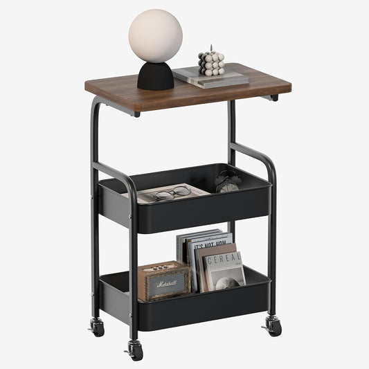 Rolling Cart with Wooden Tabletop 3-Tier Metal Utility Rolling Cart Storage Organizer with Lockable Wheels for Kitchen, Office, Bedroom
