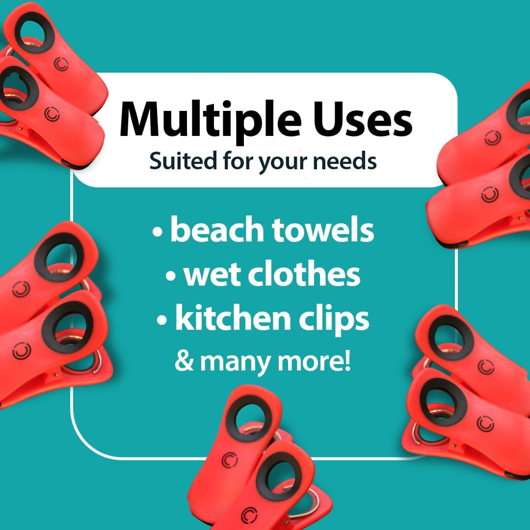 CoreClips Towel Clips for Beach Chairs - Set of 4 Pool Towel Holder Clips for Lounge Chairs on Cruise, Large 2.5” Opening Heavy Duty Clip for Towels on Boat Loungers with Travel Pouch - Red