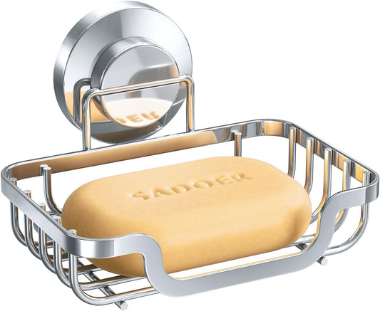 LEVERLOC Soap Dish, Soap Bar Holder for Shower Suction Cup Wall Mounted, Stainless Steel No-Drilling Removable Waterproof Sponge Holder for Bathroom Bathtub Kitchen Sink, Keep Dry, Silver